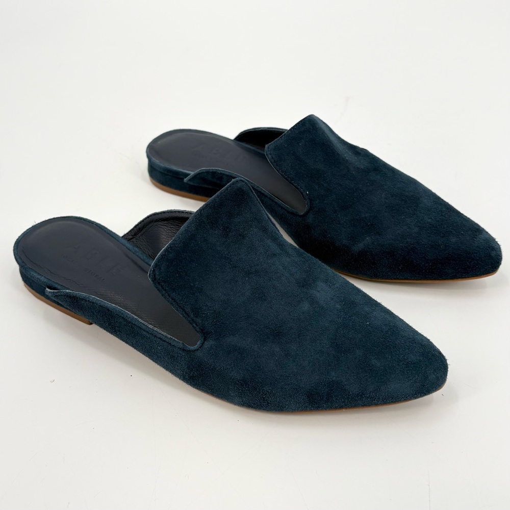 Able Navy Suede Leather Pointy Toe Slip On Flat Mule 7.5M